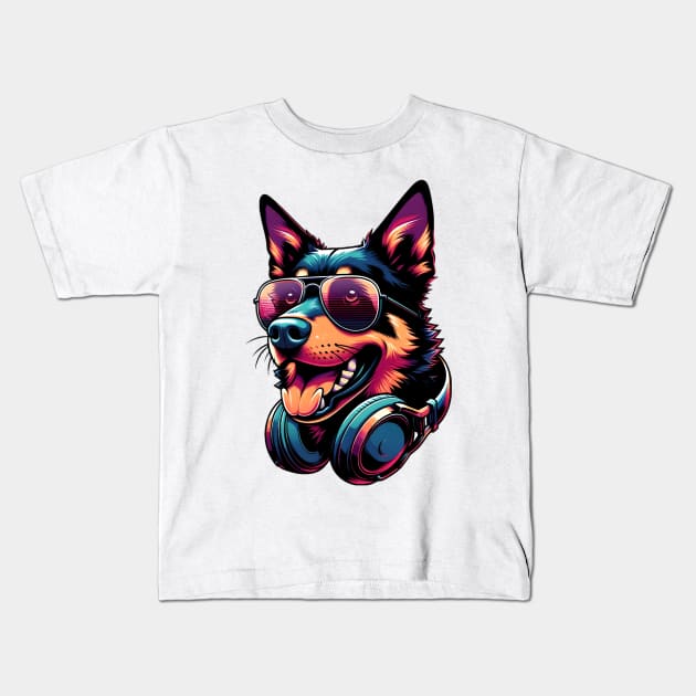 Working Kelpie Smiling DJ in Vibrant Japanese Art Style Kids T-Shirt by ArtRUs